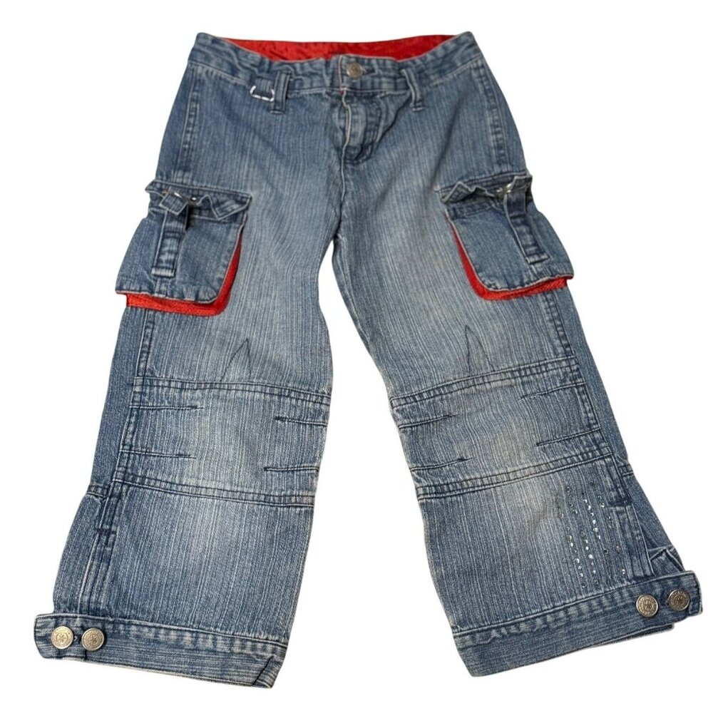 Girls' Blue Denim Cropped Cargo Jeans with Red Trim